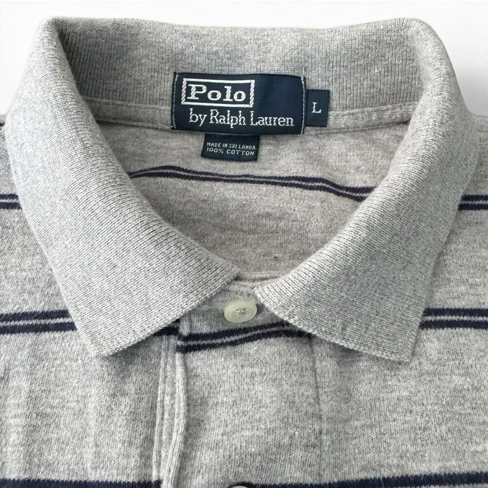 Ralph Lauren Polo Shirt Men L Gray Blue Stripe Golf Classic Cotton Pony Logo